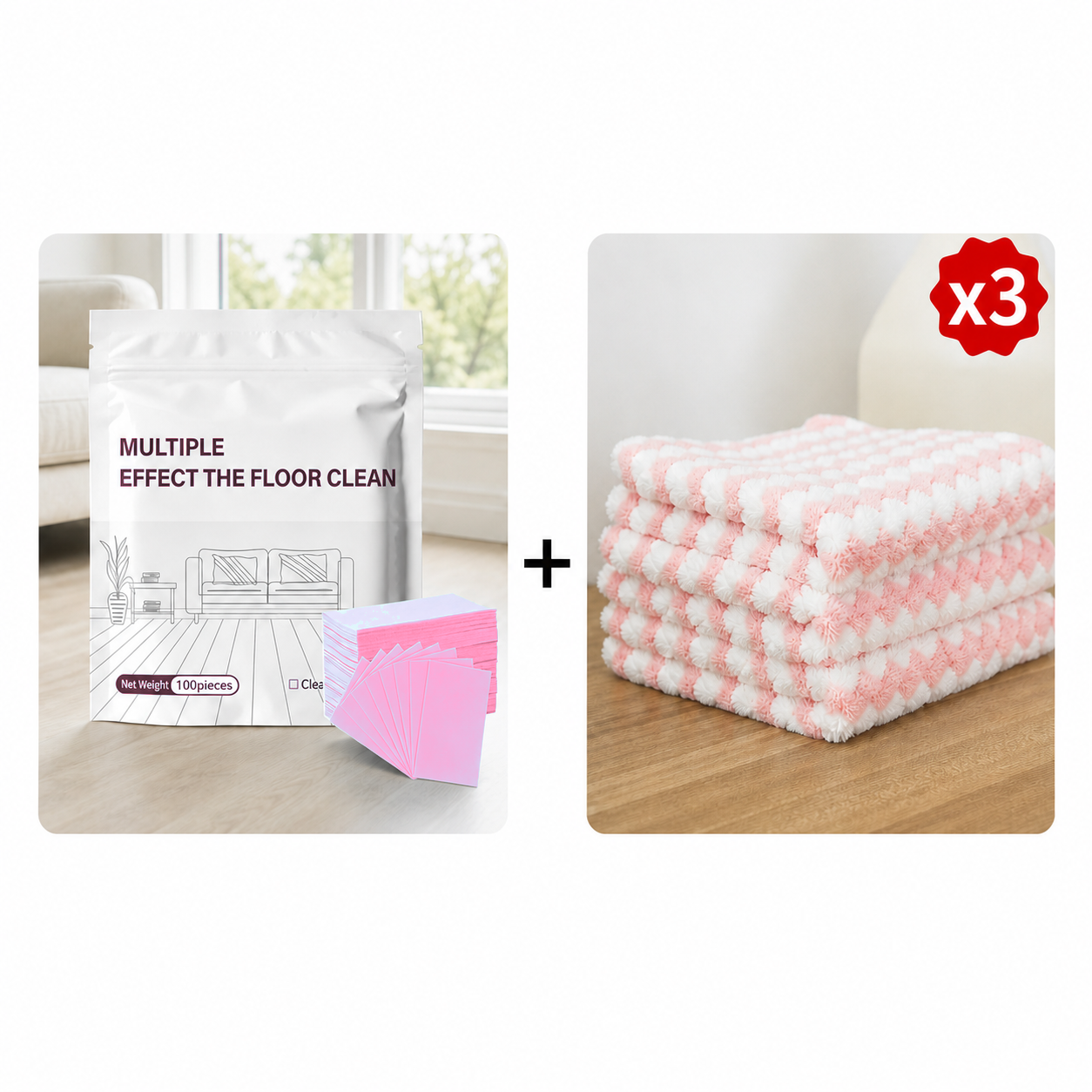 Pink-Wild Rose Mallow floor cleaning sheets with three microfiber cleaning towels