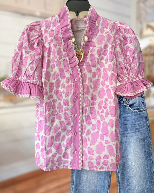 Leopard Print Elegant Button Up Ruffles Decor Blouse