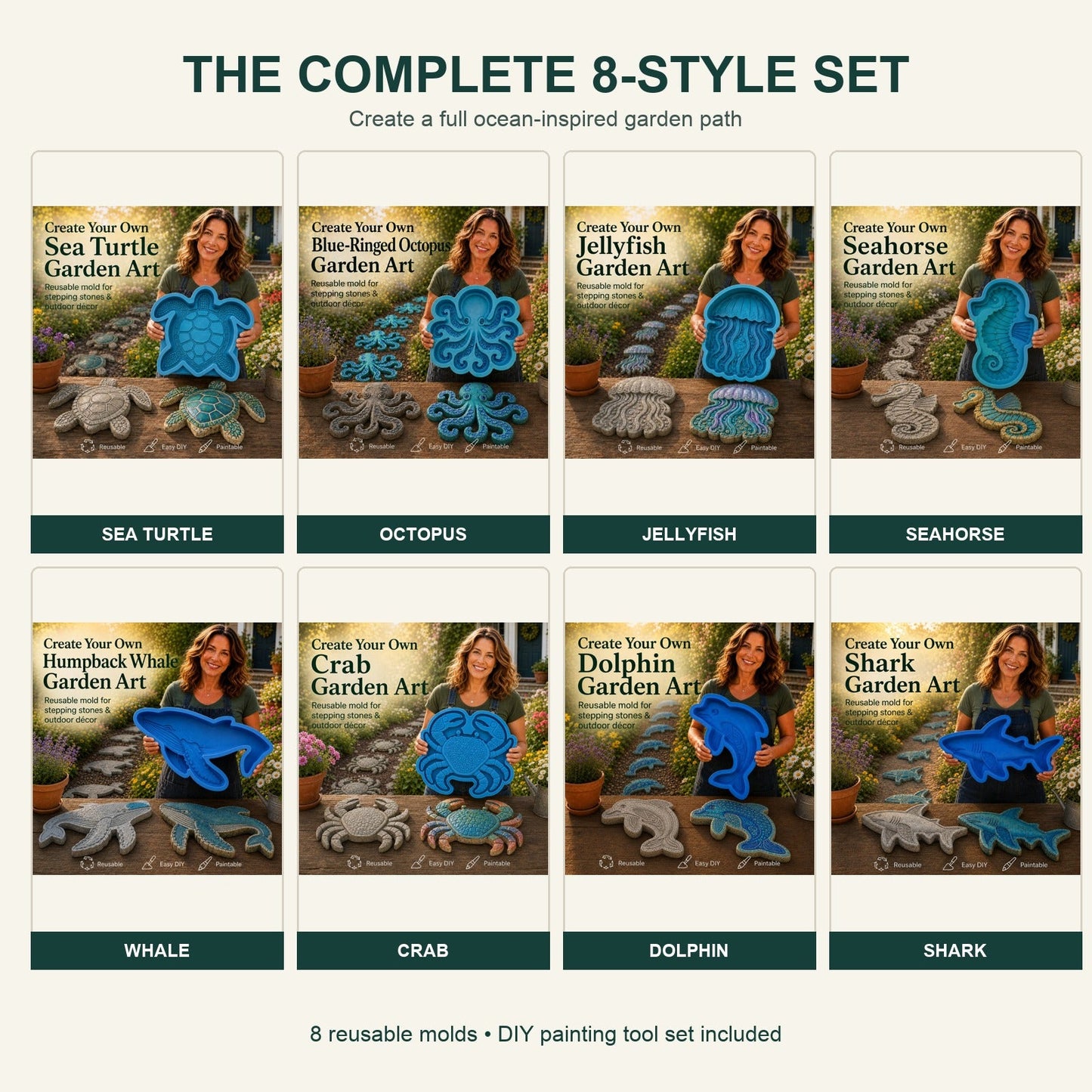 Complete set of eight reusable ocean garden art molds