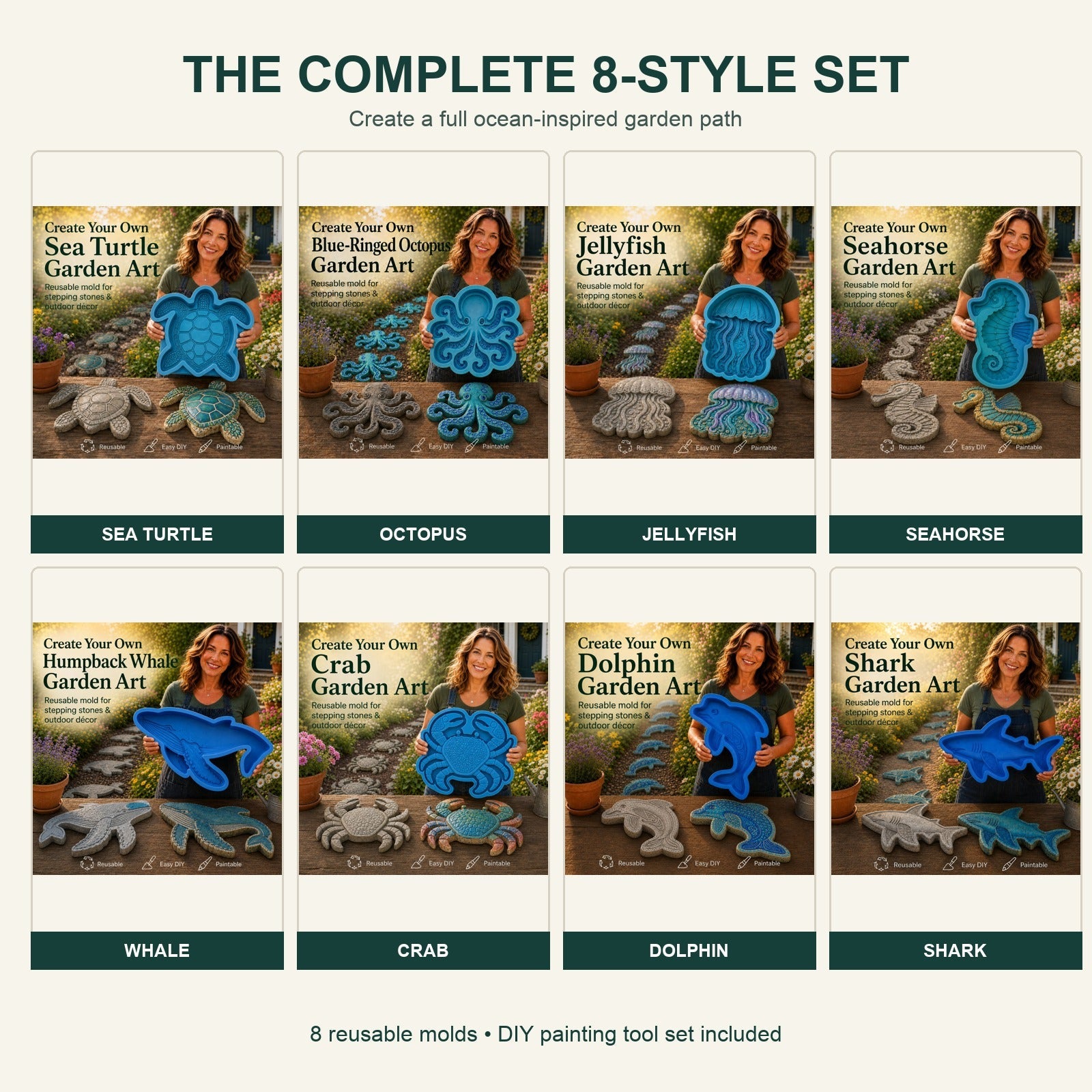Complete set of eight reusable ocean garden art molds