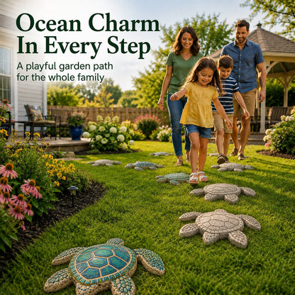 Family walking through ocean themed garden path