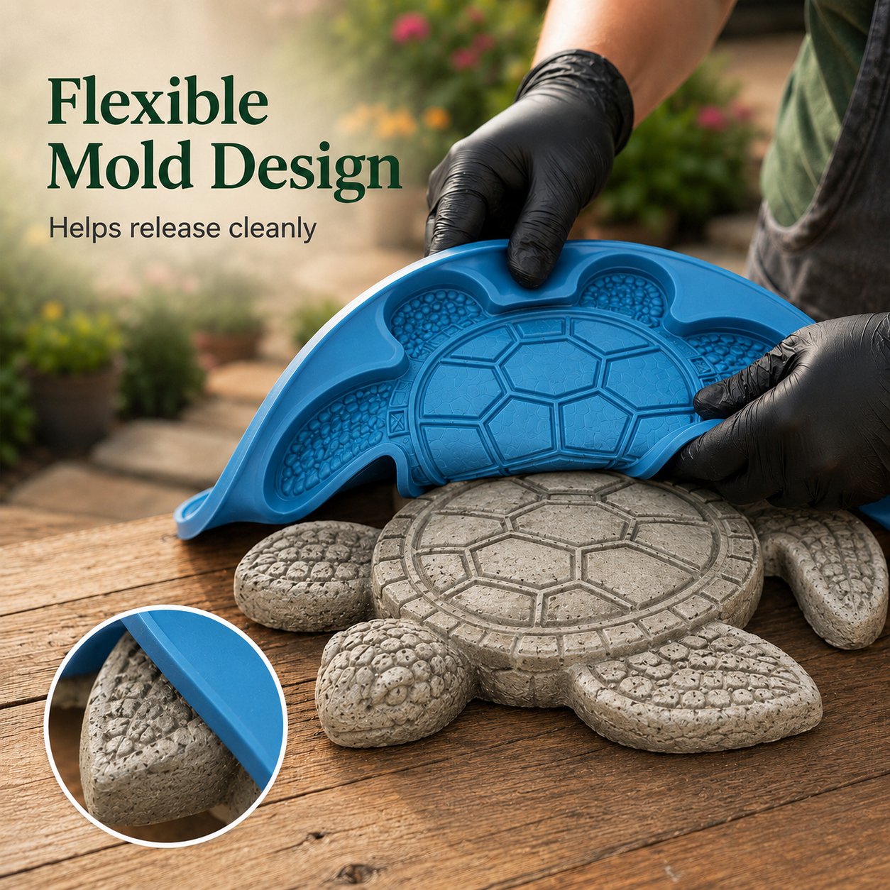 Flexible mold releasing a detailed sea turtle stone