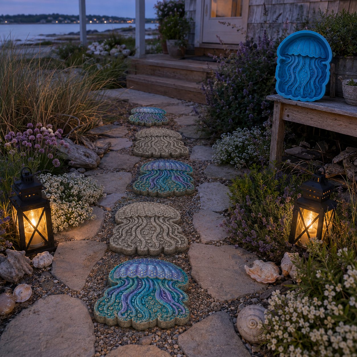 Ocean themed stepping stones in a garden path