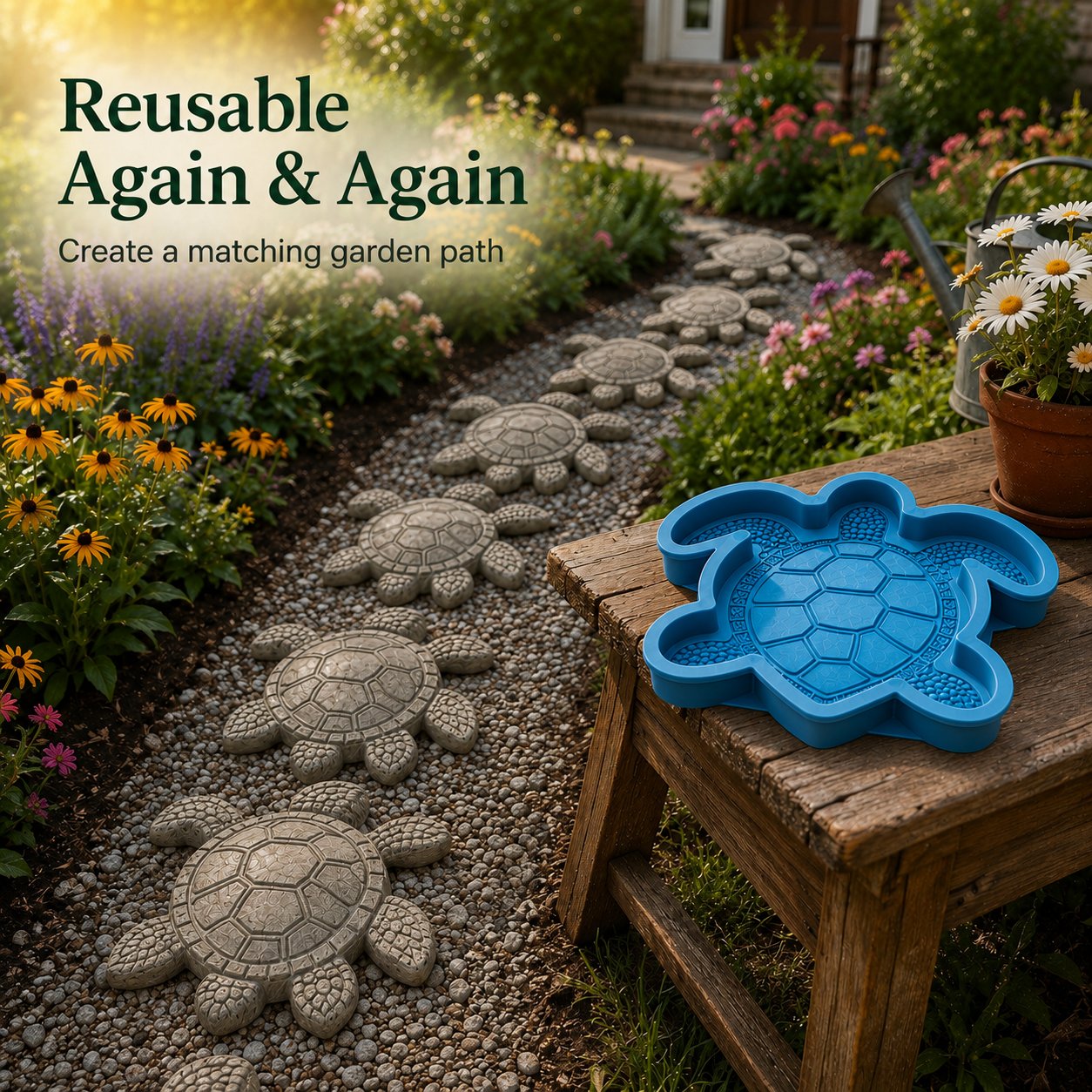 Reusable sea turtle mold beside finished garden path