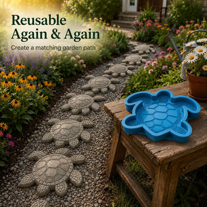 Reusable sea turtle mold beside finished garden path