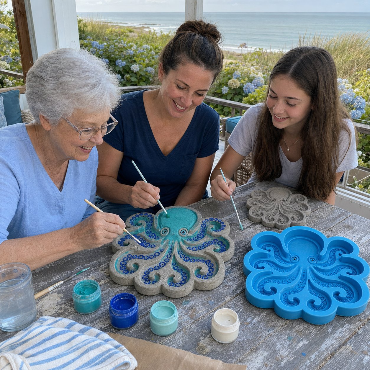 Three generations painting ocean garden art