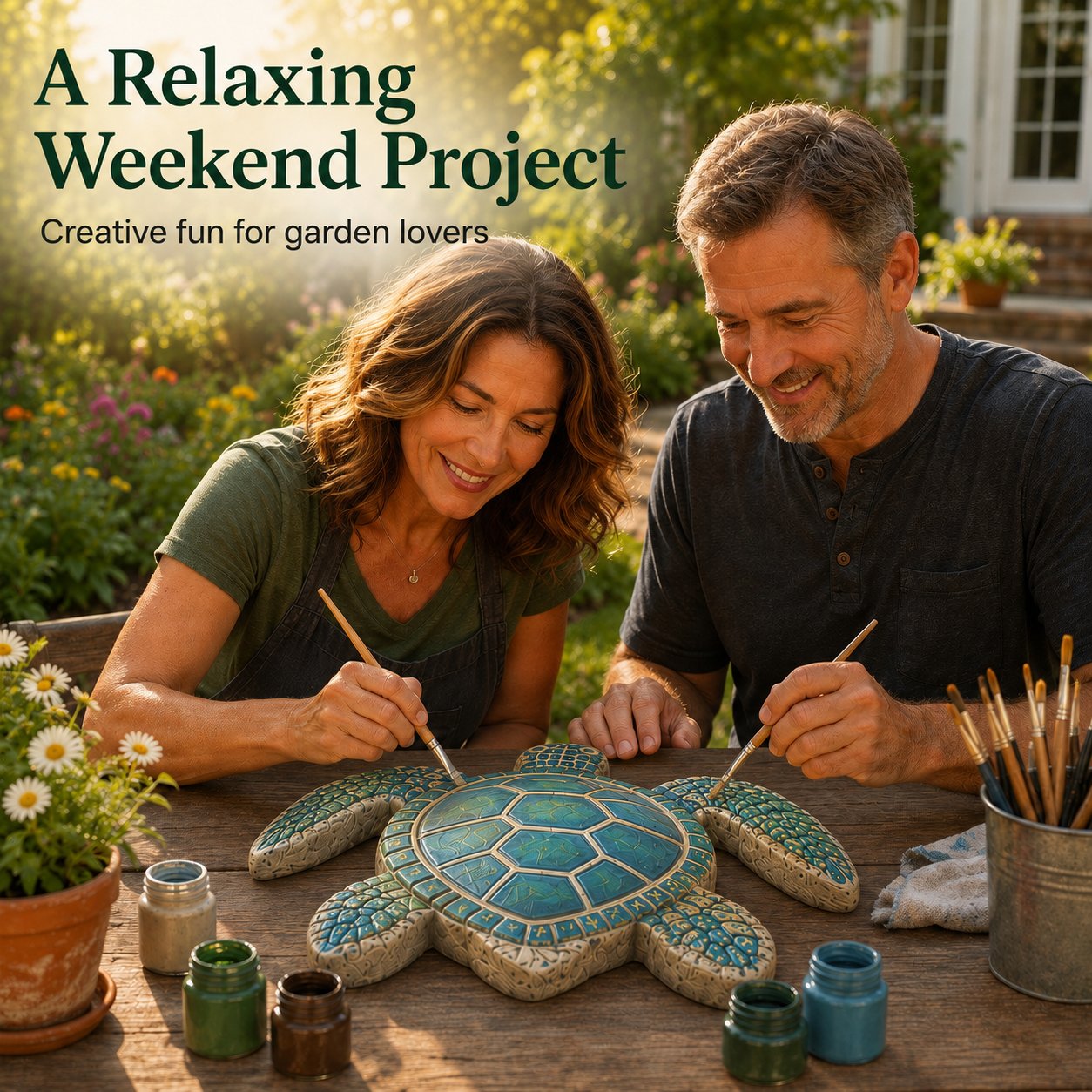Couple painting a sea turtle garden stone